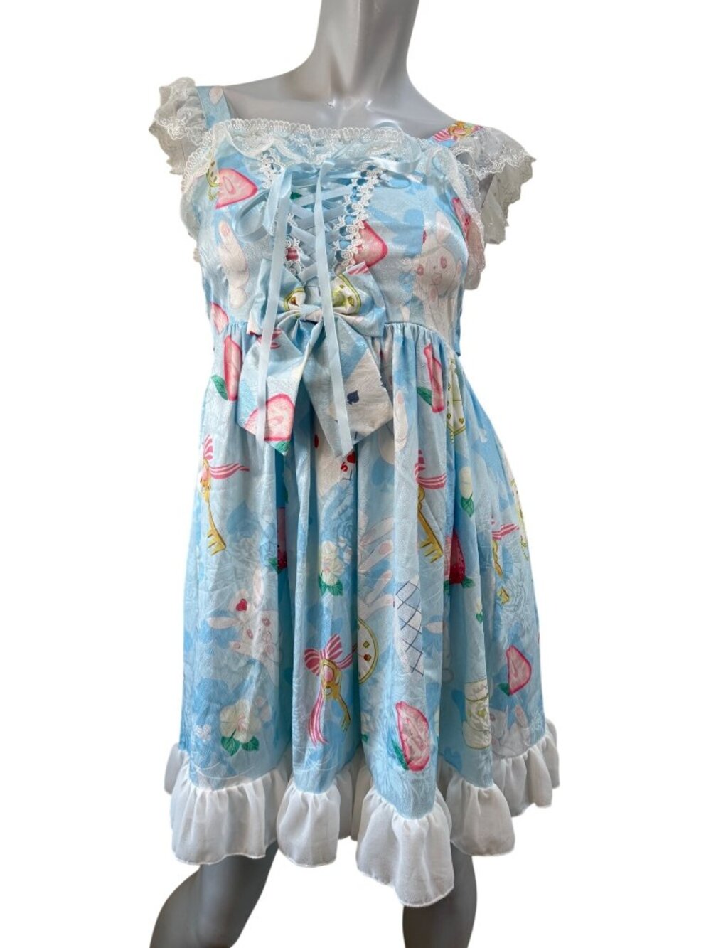 Sweet Lolita Cosplay Whimsical Printed Rabbit Bows Dress Chiffon Lace JSK Small